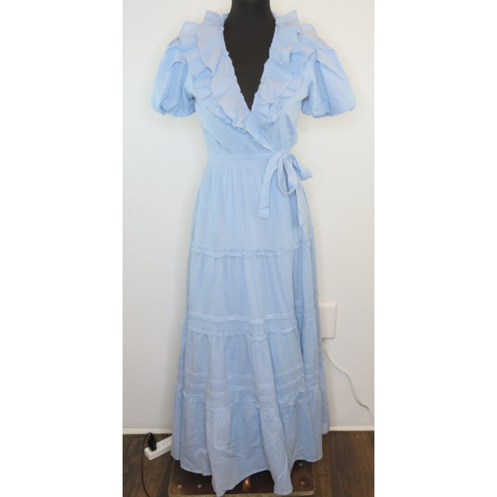 LOVE THE LABEL Tiered Maxi Wrap Dress Womens XS Ruffle Bodice Raw Edge Pockets
